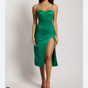 Brand new sexy gold chain straps silk feeling midi dress with slit on side